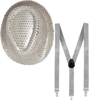 Carnaval verkleed set - hoedje en bretels - zilver - heren/dames - glimmend