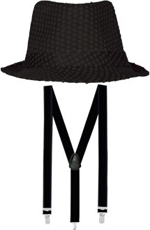 Carnaval verkleed set - hoedje en bretels - zwart - heren/dames - glimmend