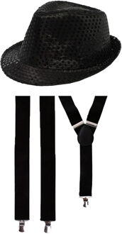 Carnaval verkleed set - hoedje en bretels - zwart - volwassenen - glitters