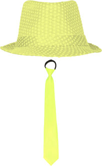 Carnaval verkleed set - hoedje en stropdas - fluor geel - volwassenen