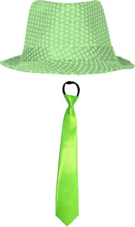 Carnaval verkleed set - hoedje en stropdas - fluor groen - volwassenen