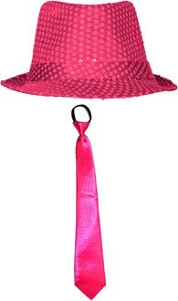 Carnaval verkleed set - hoedje en stropdas - fuchsia roze - volwassenen