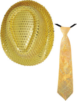 Carnaval verkleed set - hoedje en stropdas - goud - heren/dames - glimmend