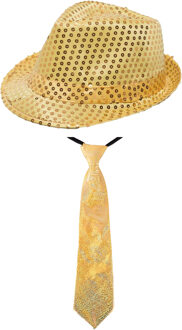 Carnaval verkleed set - hoedje en stropdas - goud - volwassenen - glitters
