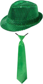 Carnaval verkleed set - hoedje en stropdas - groen - volwassenen - glitters