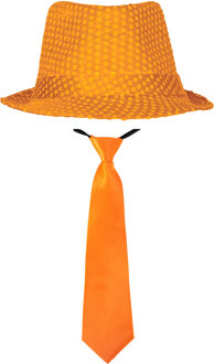 Carnaval verkleed set - hoedje en stropdas - oranje - volwassenen