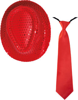 Carnaval verkleed set - hoedje en stropdas - rood - heren/dames - glimmend