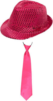 Carnaval verkleed set - hoedje en stropdas - roze - volwassenen - glitters