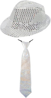 Carnaval verkleed set - hoedje en stropdas - zilver - volwassenen - glitters