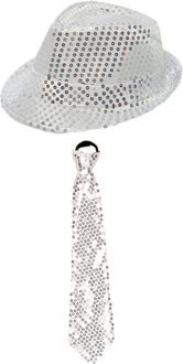 Carnaval verkleed set - hoedje en stropdas - zilver - volwassenen - glitters