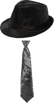 Carnaval verkleed set - hoedje en stropdas - zwart - volwassenen - glitters