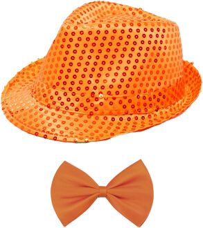 Carnaval verkleed set - hoedje en vlinderstrikje - oranje - volwassenen - glitters