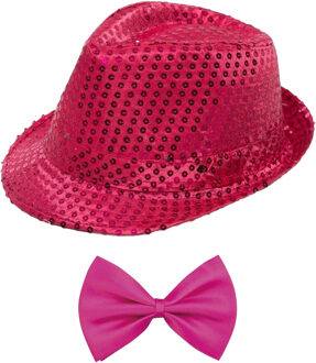Carnaval verkleed set - hoedje en vlinderstrikje - roze - volwassenen - glitters