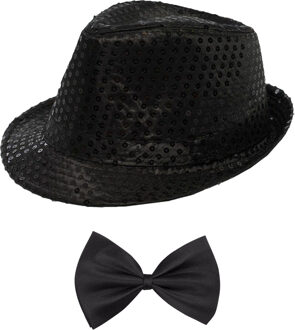 Carnaval verkleed set - hoedje en vlinderstrikje - zwart - volwassenen - glitters