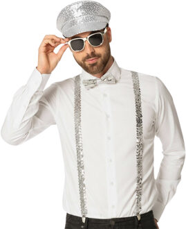 Carnaval verkleed set - kapiteins pet/bretels/party bril/vlinderstrik - glitter zilver - volwassenen