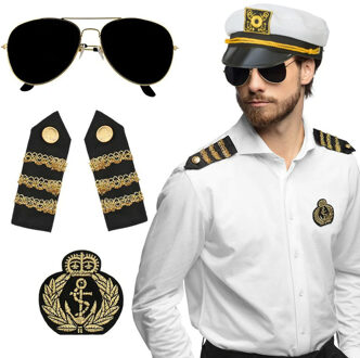 Carnaval verkleed set - kapiteinspet - wit - met epauletten/badge/zonnebril - heren/dames