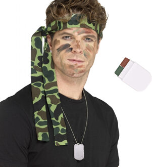 Carnaval verkleed set Leger soldaten bandana - met dogtags ketting en schmink - volwassenen