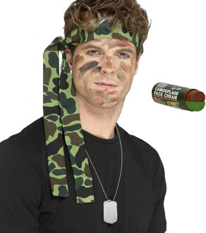 Carnaval verkleed set Leger soldaten bandana - met dogtags ketting en schmink - volwassenen