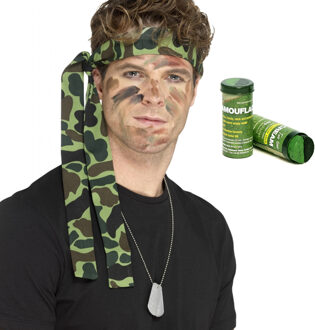 Carnaval verkleed set Leger soldaten bandana - met dogtags ketting en schmink - volwassenen