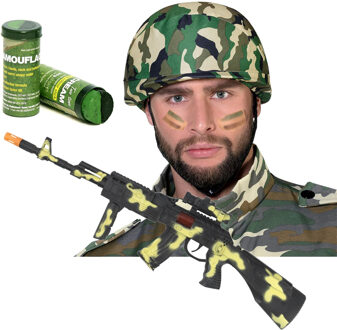 Carnaval verkleed set Leger soldaten helm - camouflage schmink stift - machinegeweer