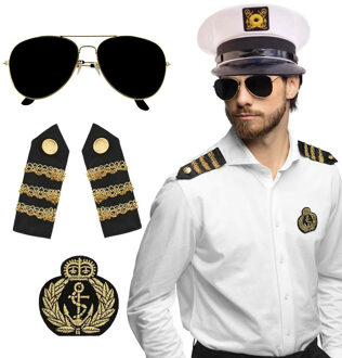 Carnaval verkleed set - luxe kapiteinspet - wit - met epauletten/badge/zonnebril - heren/dames