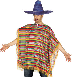 Carnaval verkleed set Mexicaan - gekleurde one size poncho - Sombrero hoed blauw dia 59 cm