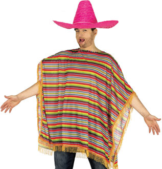 Carnaval verkleed set Mexicaan - gekleurde one size poncho - Sombrero hoed roze dia 59 cm