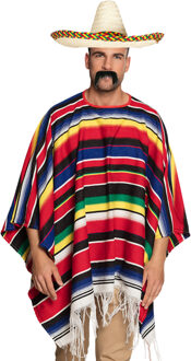 Carnaval verkleed set - Mexicaanse poncho sombrero hoed en plaksnor - gekleurd - heren