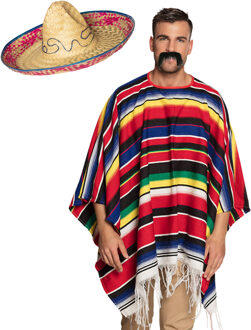 Carnaval verkleed set - Mexicaanse poncho sombrero hoed en plaksnor - gekleurd - heren