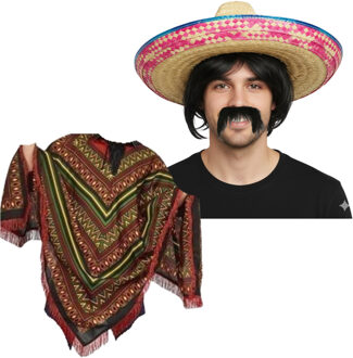 Carnaval verkleed set - Mexicaanse poncho sombrero hoed en plaksnor - gekleurd - heren