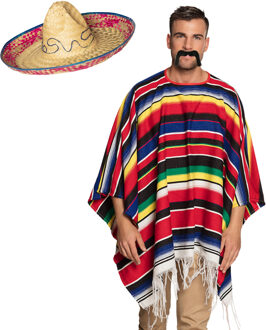 Carnaval verkleed set - Mexicaanse poncho sombrero hoed en plaksnor - gekleurd - heren