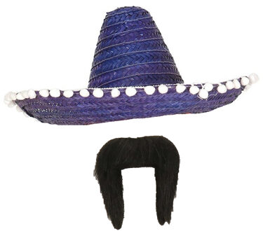 Carnaval verkleed set - Mexicaanse sombrero hoed met plaksnor - blauw - heren