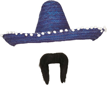 Carnaval verkleed set - Mexicaanse sombrero hoed met plaksnor - blauw - heren