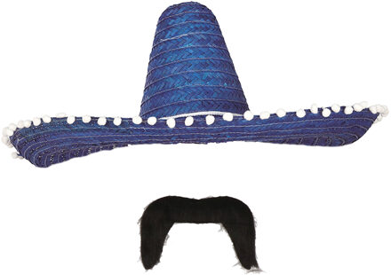 Carnaval verkleed set - Mexicaanse sombrero hoed met plaksnor - blauw - heren