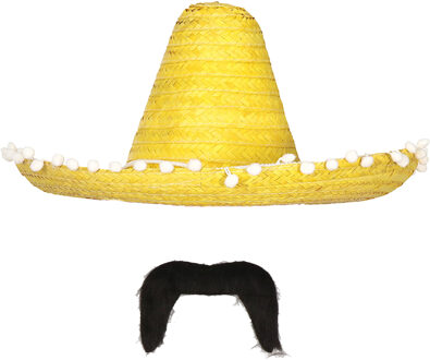 Carnaval verkleed set - Mexicaanse sombrero hoed met plaksnor - geel - heren
