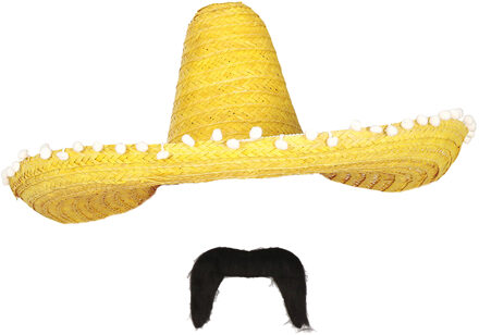 Carnaval verkleed set - Mexicaanse sombrero hoed met plaksnor - geel - heren