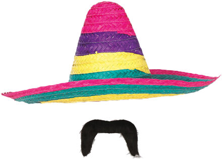 Carnaval verkleed set - Mexicaanse sombrero hoed met plaksnor - gekleurd - heren