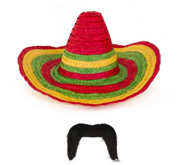 Carnaval verkleed set - Mexicaanse sombrero hoed met plaksnor - gekleurd - heren