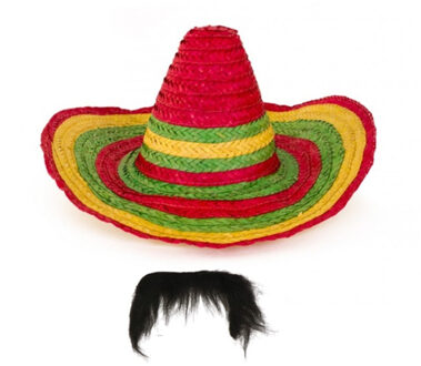 Carnaval verkleed set - Mexicaanse sombrero hoed met plaksnor - gekleurd - heren