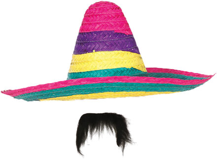 Carnaval verkleed set - Mexicaanse sombrero hoed met plaksnor - gekleurd - heren