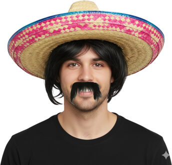 Carnaval verkleed set - Mexicaanse sombrero hoed met plaksnor - gekleurd - heren