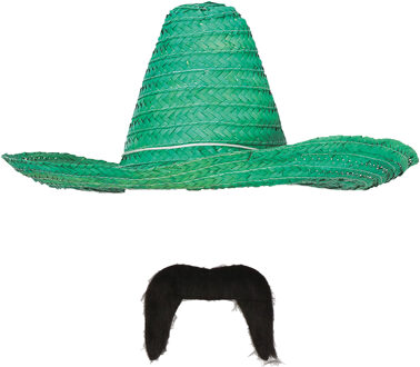Carnaval verkleed set - Mexicaanse sombrero hoed met plaksnor - groen - heren