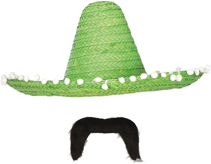 Carnaval verkleed set - Mexicaanse sombrero hoed met plaksnor - groen - heren
