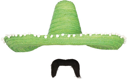 Carnaval verkleed set - Mexicaanse sombrero hoed met plaksnor - groen - heren