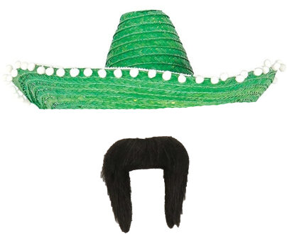 Carnaval verkleed set - Mexicaanse sombrero hoed met plaksnor - groen - heren