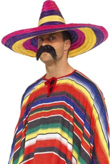 Carnaval verkleed set - Mexicaanse sombrero hoed met plaksnor - multi kleuren - heren