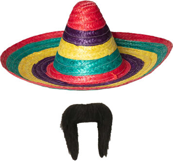 Carnaval verkleed set - Mexicaanse sombrero hoed met plaksnor - multi kleuren - heren