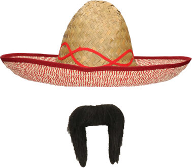 Carnaval verkleed set - Mexicaanse sombrero hoed met plaksnor - naturel - heren