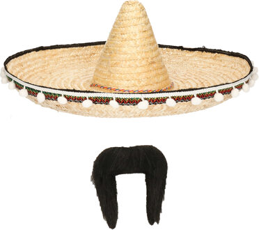 Carnaval verkleed set - Mexicaanse sombrero hoed met plaksnor - naturel - heren