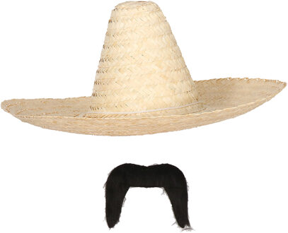 Carnaval verkleed set - Mexicaanse sombrero hoed met plaksnor - naturel - heren